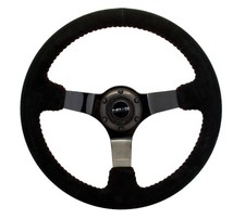 NRG Reinforced Steering Wheel (350mm / 3in. Deep) Blk Suede w/Red BBall Stitch