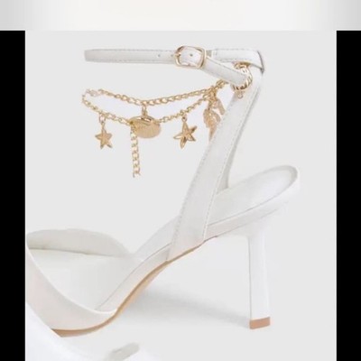 Boohoo White Ankle Strap Heels with Gold Charm Detail Size 8/41