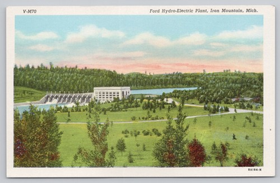 #ad Vtg Ford Hydro Electric Plant Postcard Iron Mountain Michigan Linen Curt Teich $6.39