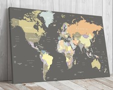World map pastel tones, cartography,mounted canvas print ready to hang