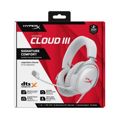 HyperX Cloud III Wired Gaming Headset Mic, PC/Xbox/PlayStation 4/5/Switch, White