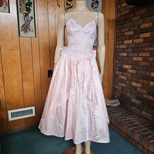 Vtg 80s Romantic Victorian Pink Satin Strapless Corset Gunne Sax Prom Dress XS/S