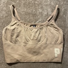 Victoria's Secret Pink Active Sports Bra Large Seamless Beige Ribbed Logo Tan