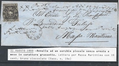 1860 TUSCANY 10C CHOCOLATE BROWN N.19e ON GROSS ENVELOPE X SEA MASS