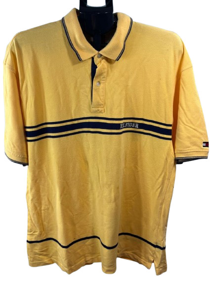 Vintage Tommy Hilfiger Yellow Striped Polo Shirt Embroidered Logo Size XL
