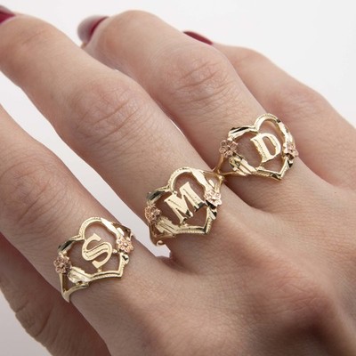 10K Yellow Rose Gold Cutout Heart Flower Initial Letter Ring