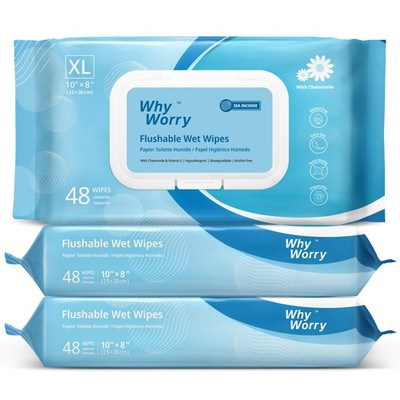WhyWorry Flushable Wipes for Adults, Extra Large 48 Count (Pack of 3), White 