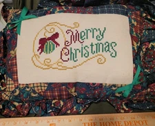 Vtg Merry Christmas Cross Stitch Christmas  Ruffle Pillow Guc