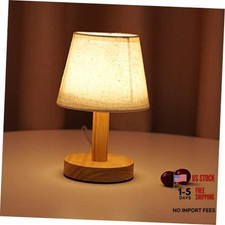 Small Bedside Table Lamp, Wooden Bedroom Lamp with Linen Shade, Mini Desk