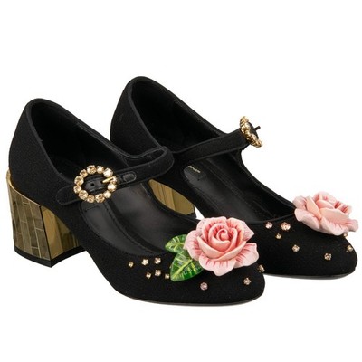 DOLCE & GABBANA Kristall Rose Brosche Mary Jane Pumps VALLY Schwarz Gold 36 6 