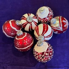 Vintage Assorted Red and White Glitter Glass Christmas Ball Ornaments Set of 7