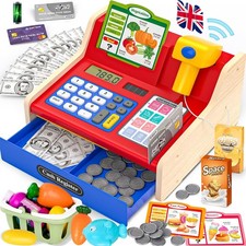 Wooden Toy Cash Register for Kids, Children Toy Till with Scanner Card Machine