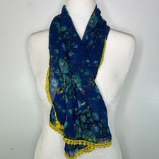 Women's Square Scarf 40 in Blue Floral Yellow Crochet Hem Sheer Vibrant Coverup