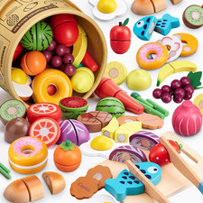45 Pcs Wooden Pretend Play Food Set for Kids Kitchen - Realistic Cutting Fruits