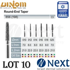 Lot x10 Dialom Round-End Taper 856 (198) FG diamond burs made in Israel