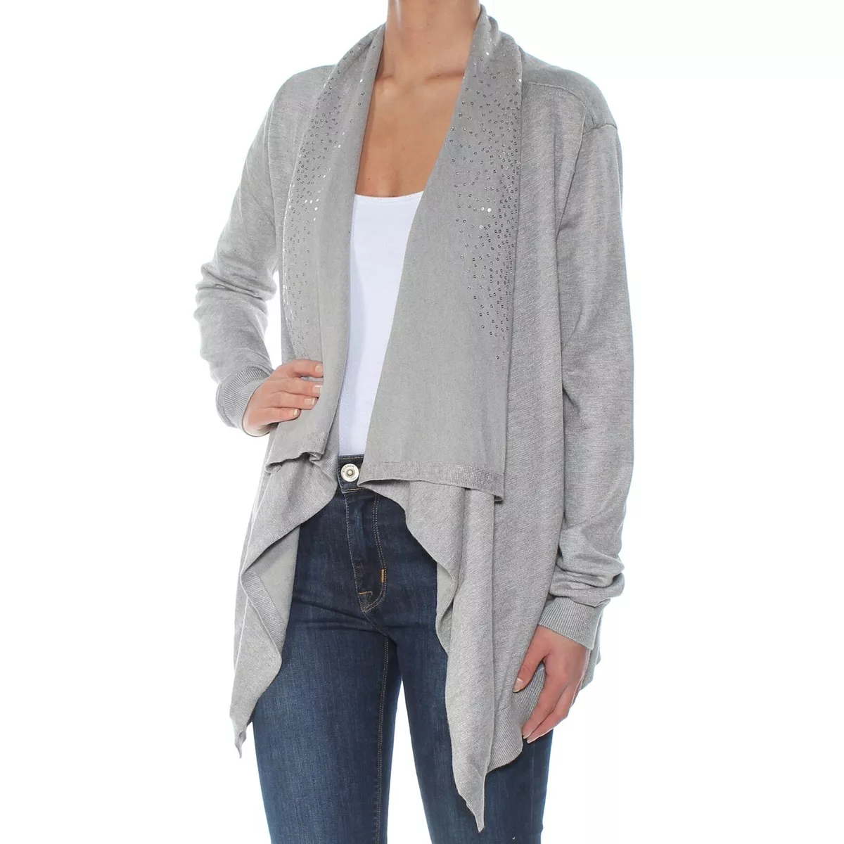 DKNY Grey Sequined Long Sleeves Stretchy Knit Open Front Cardigan Sweater M L