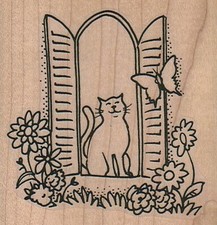 Cat Window/Butterfly 2 3/4 x 2 3/4" Rubber Stamp, Cat Stamp, Cat Lover Stamp