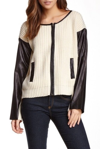 Sugarland Leather Panel Zip-Up Sweater 