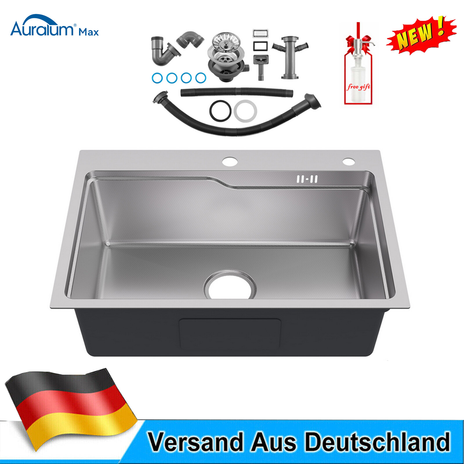 Fregadero de cocina de acero inoxidable Sifon Fregadero empotrado Fregadero con cesta de escurridor 68x48 cm