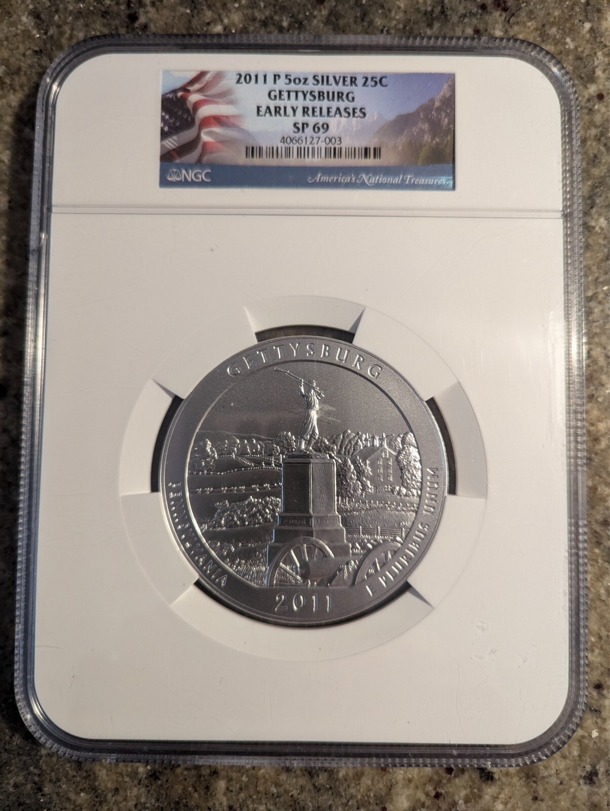 2011 5oz SILVER 25C GETTYSBURG EARLY RELEASE SP69