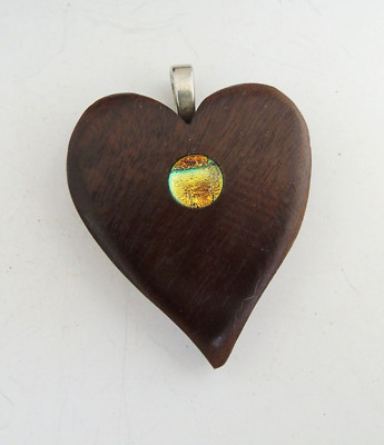 Walnut Wood Heart Pendant w/ Dichroic Glass Cabochon