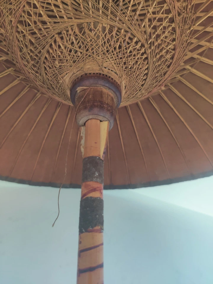 Victorian Era Japanese Bamboo Parasol Oil Hand Painted Fabric - Image 2 of 4