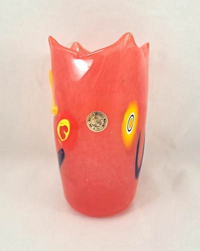 Bucella Cristalli Murano Glass Modern 7" Red Random Murrine Vase