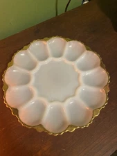 Vintage Anchor Hocking Fire King White Milk Glass Deviled Egg Tray Gold Trim