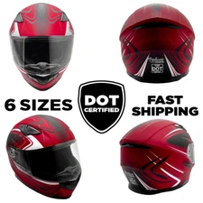 Full Face Helmet w/ Retractable Sun Visor Motorcycle Matte Red Adult DOT 