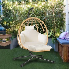 Hanging Egg Chair Outdoor Patio Wicker Chair with Stand UV Resistant Cushions