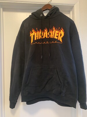 Old Thrasher Magazine Pullover Hoodie Skateboard Black Flames Fire