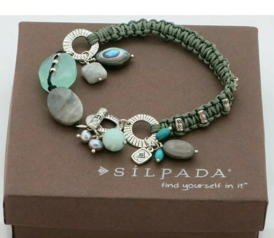 SILPADA Turquoise Labradorite Amazonite Pearl Bracelet B2314 Cord Toggle Macrame - Image 2 of 4