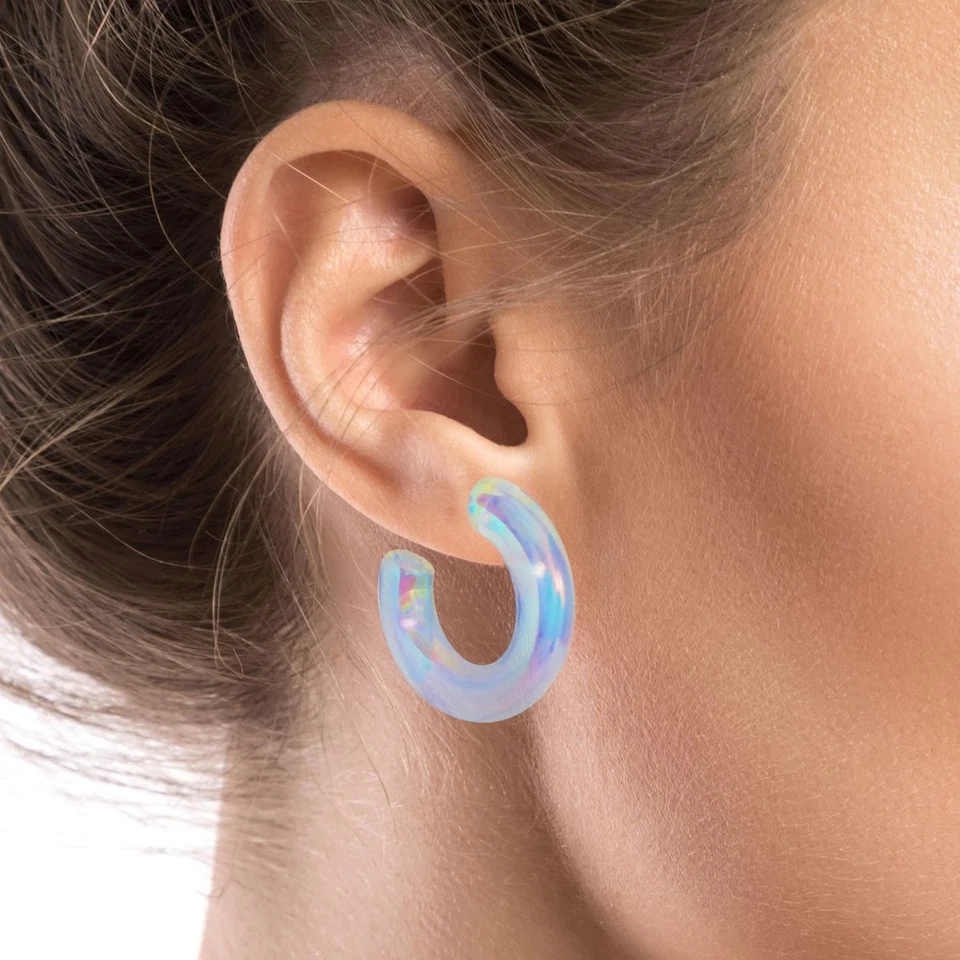 1 Paar Acryl Creolen Ohrstecker regenbogen irisierend Hoops Statement 80er Style - Bild 3 von 3