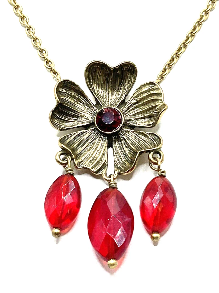 Collar Lavalier Rojo Cristal Flor Amapola Oro Diseño Danés Peregrino De Colección Foto 3 de 4