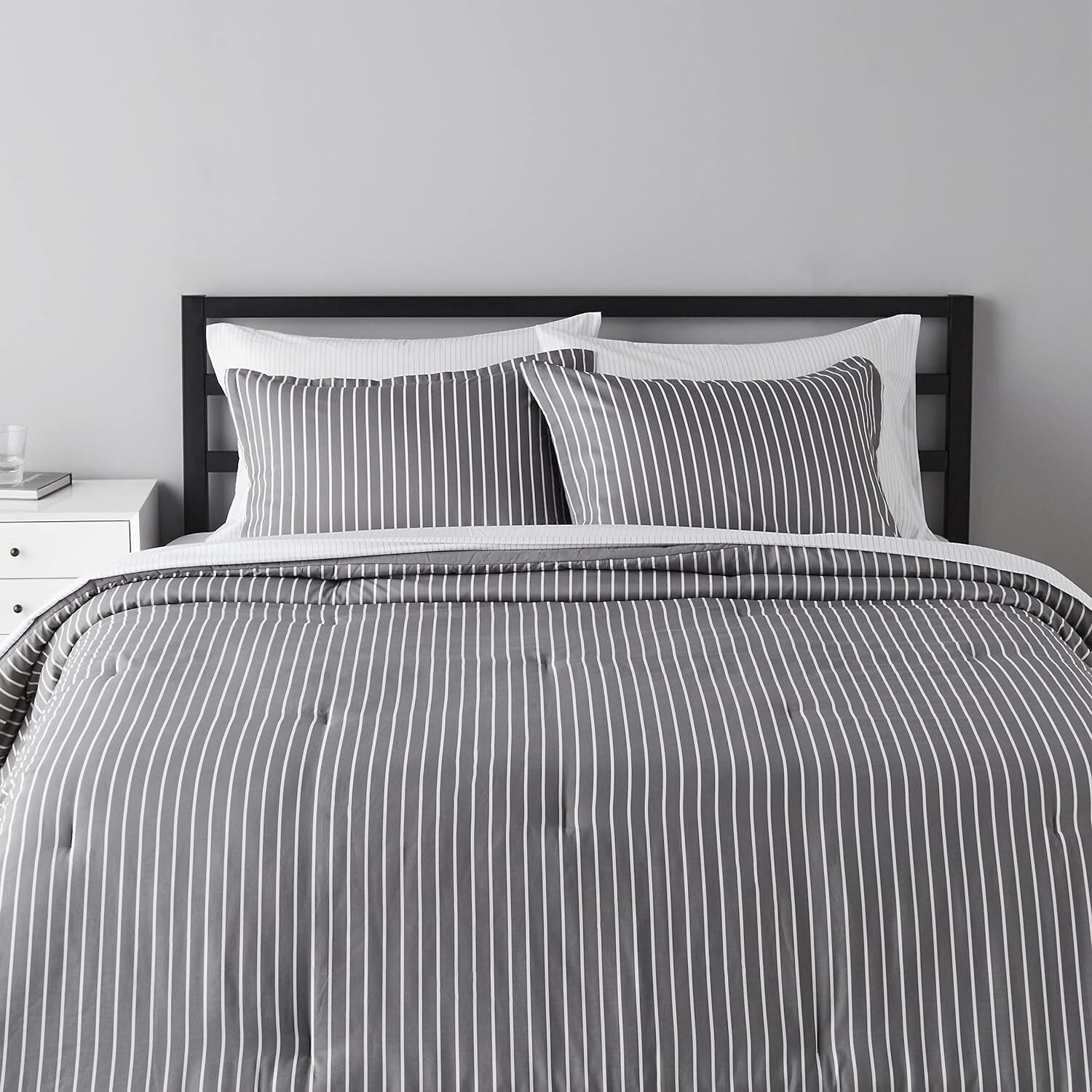 7-Piece Lightweight Microfiber Bed-in-a-Bag Comforter Bedding Set (Gray Pinstrip