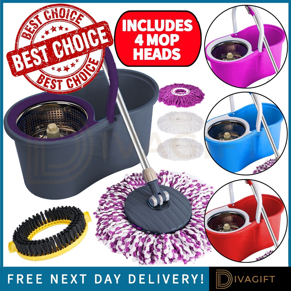 360° Spin Mop And Bucket Set - Microfiber Rotating Mop Heads, Telescopic Handle