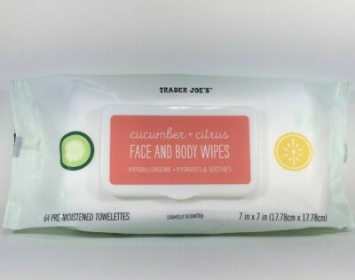 Trader Joe's Cucumber + Citrus Face And Body Wipes 64 towelettes 7x7