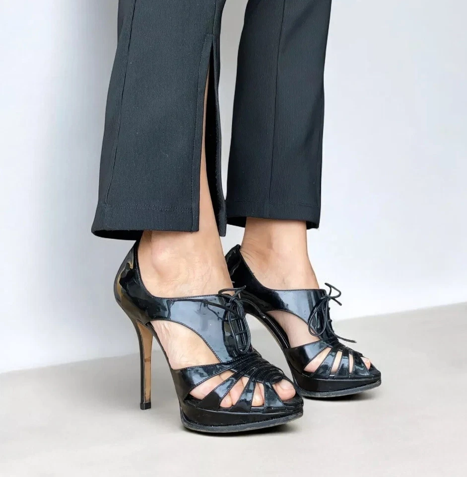 CHRISTIAN DIOR Black Patent Leather Cutout Peep Toe Lace Up Booties, Size 37.5 - Image 4 of 4