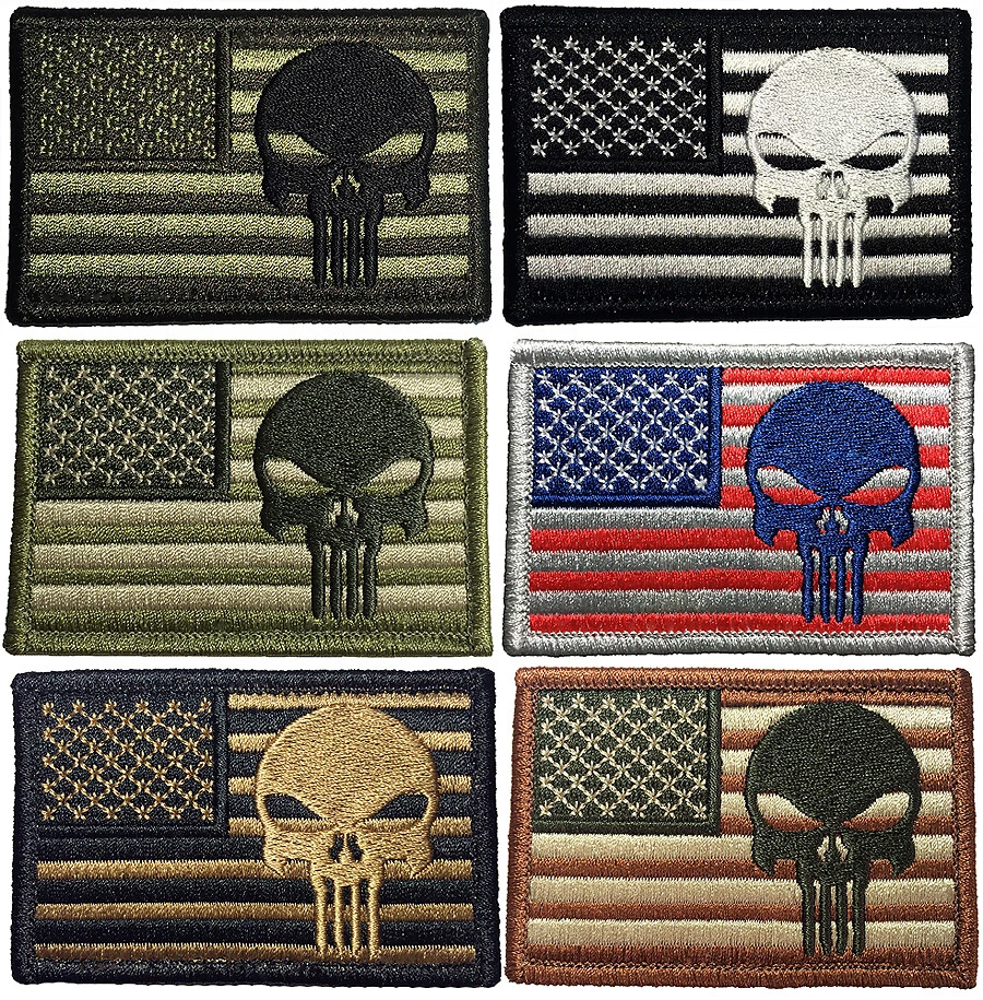 SET 6 USA FLAG US United States of America with REVENGER SKULL Hook & Loop Patch