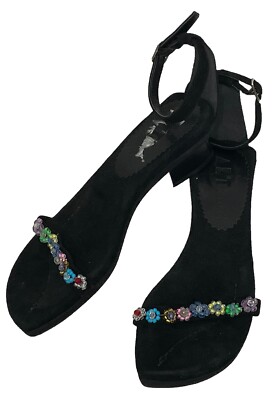 Art Effects Sandals Womens 6 Beaded Flower Black Strappy Leather Low Heal