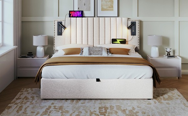 Polsterbett 180X200 Beige Stauraum Bettkasten Usb Leselicht Lattenrost-image