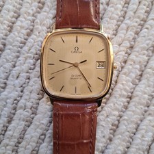 Omega De Ville Dress Watch Gold Dial Leather Band Vintage Used Date Display