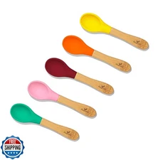 Avanchy Baby Spoons 5 Bamboo and Silicone Set, Self Feeding Food Utensils, 4 