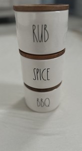 Rae Dunn “SPICE-BBQ-RUB” Stackable Jars With Wood Lids