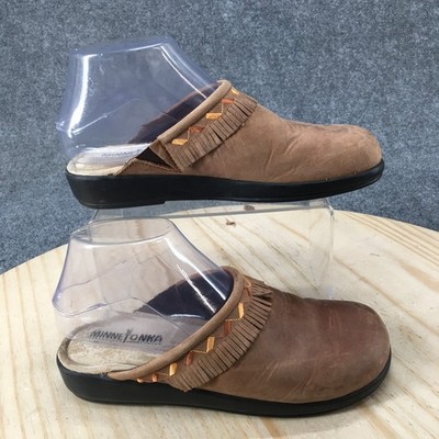 Minnetonka Shoes Womens 6.5M Fringe Mule Clogs Slip On Comfort Brown Leather