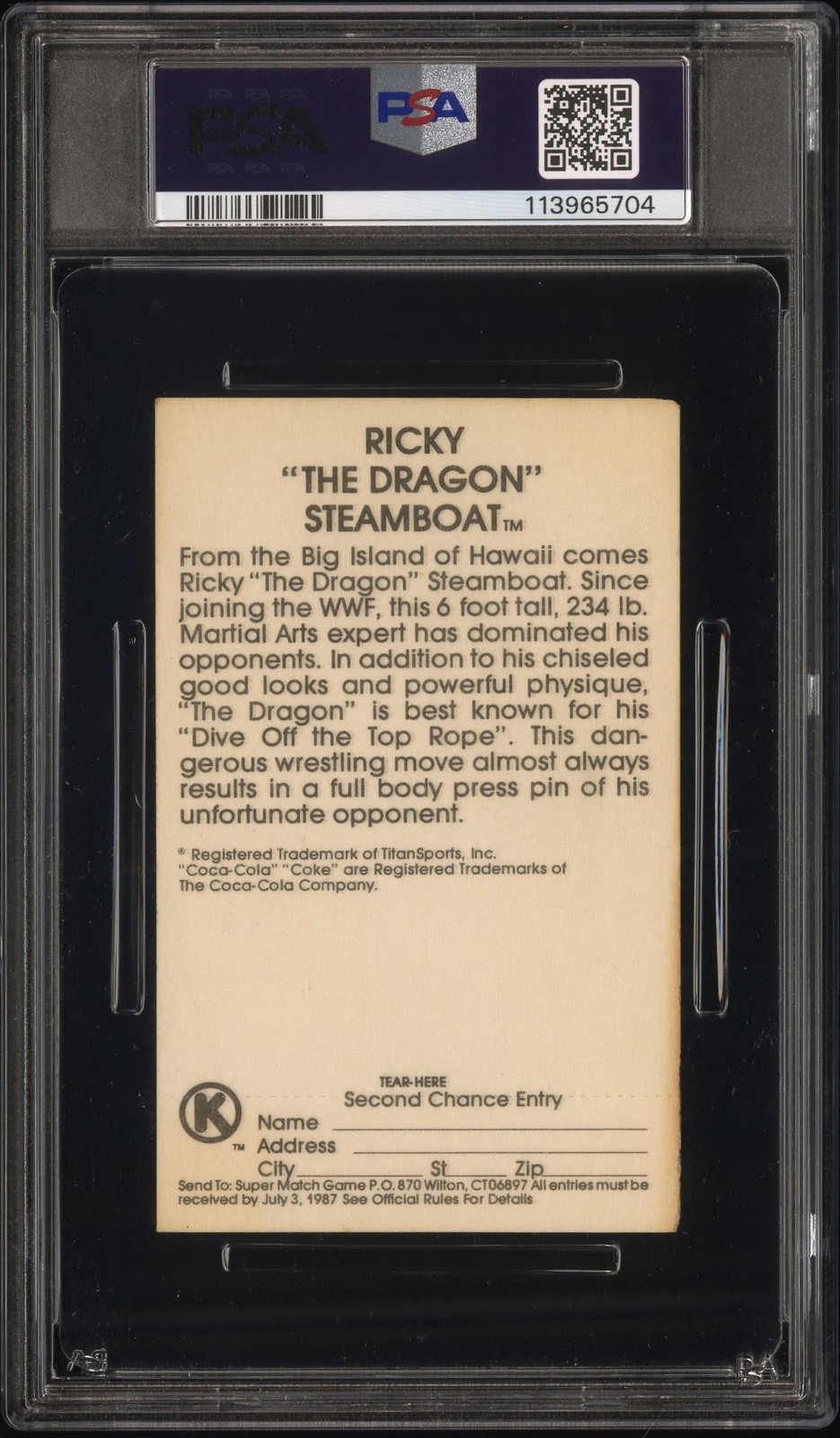 1987 Circle K Supermatch #7 Ricky Steamboat Supermatch Cards (Auto) (PSA 4) view 2