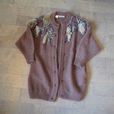 Vintage MarieaKim Wool Cardigan L Brown Fur Trim Lace Beaded Embellished 80s