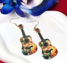Rustic Floral Guitar Wood Dangle Earrings Boho Artist Statement Musician Gift