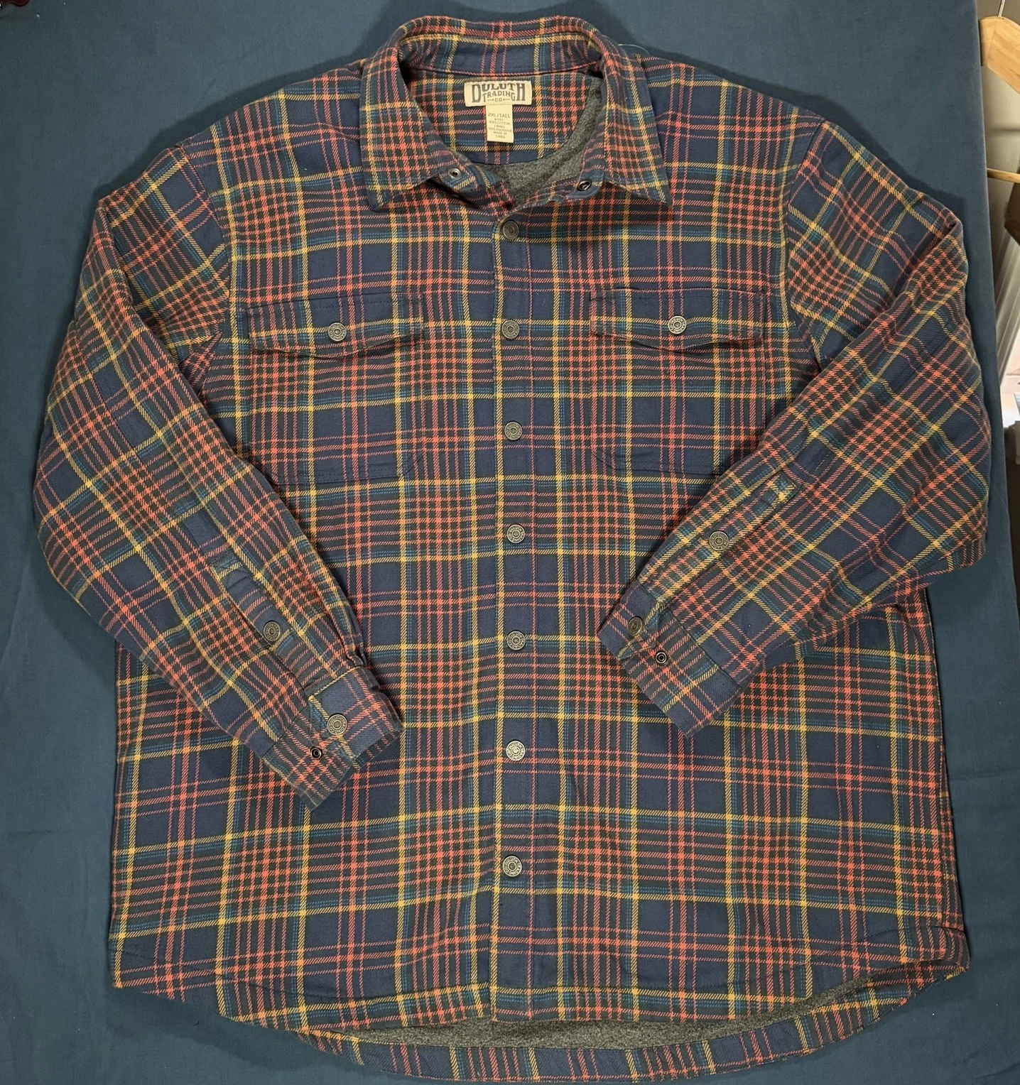 Duluth Trading Flapjack Flannel Shirt Jacket Mens 2XLT Blue Button Fleece Lined