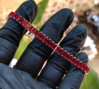 11Ct Baguette Cut Lab-Created Red Ruby Tennis Bracelet 14K White Gold Plated